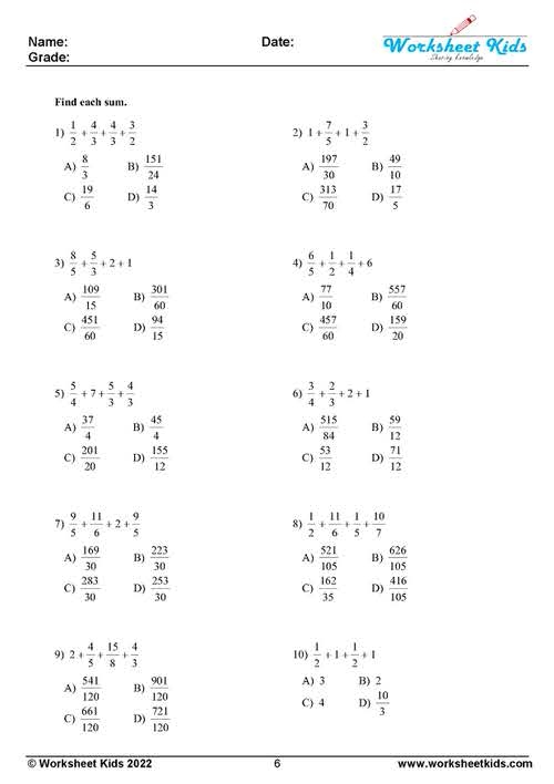 Worksheet for practicing adding mixed fractions with different denominators for fifth graders