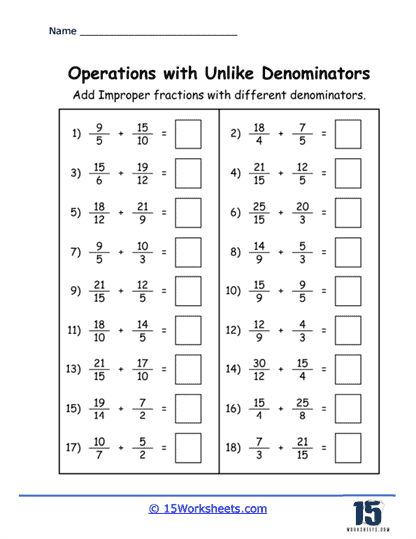 Fifth grade student working on a math worksheet for adding mixed fractions with unlike denominators 17