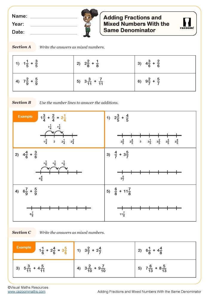 Fifth grade math worksheet showing step-by-step instructions for adding mixed fractions with colorful visual examples