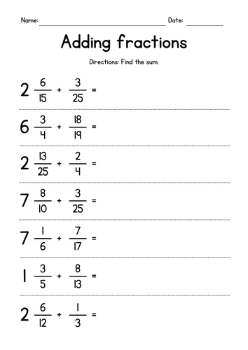 Worksheet for adding mixed fractions with unlike denominators for 5th graders