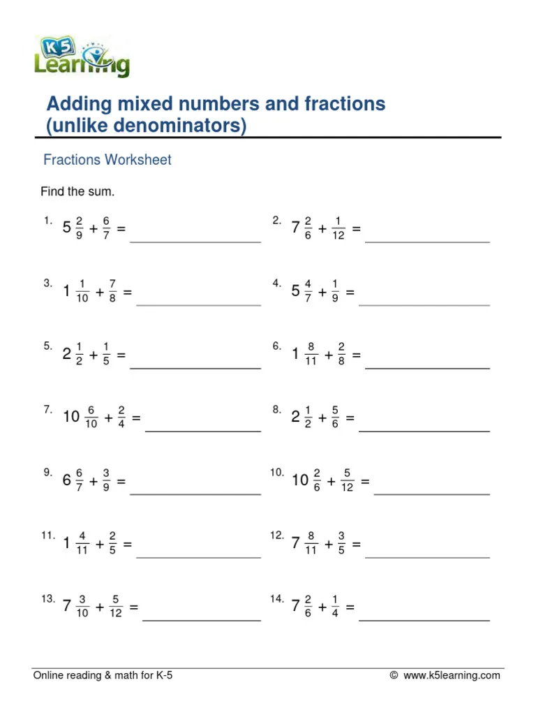 Worksheet for adding mixed fractions with different denominators for fifth graders
