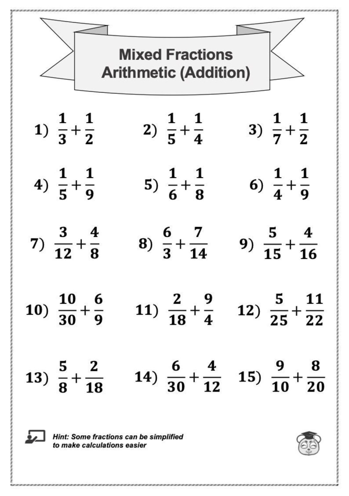 Fifth grade math worksheet showing colorful step-by-step instructions for adding mixed fractions with practice problems