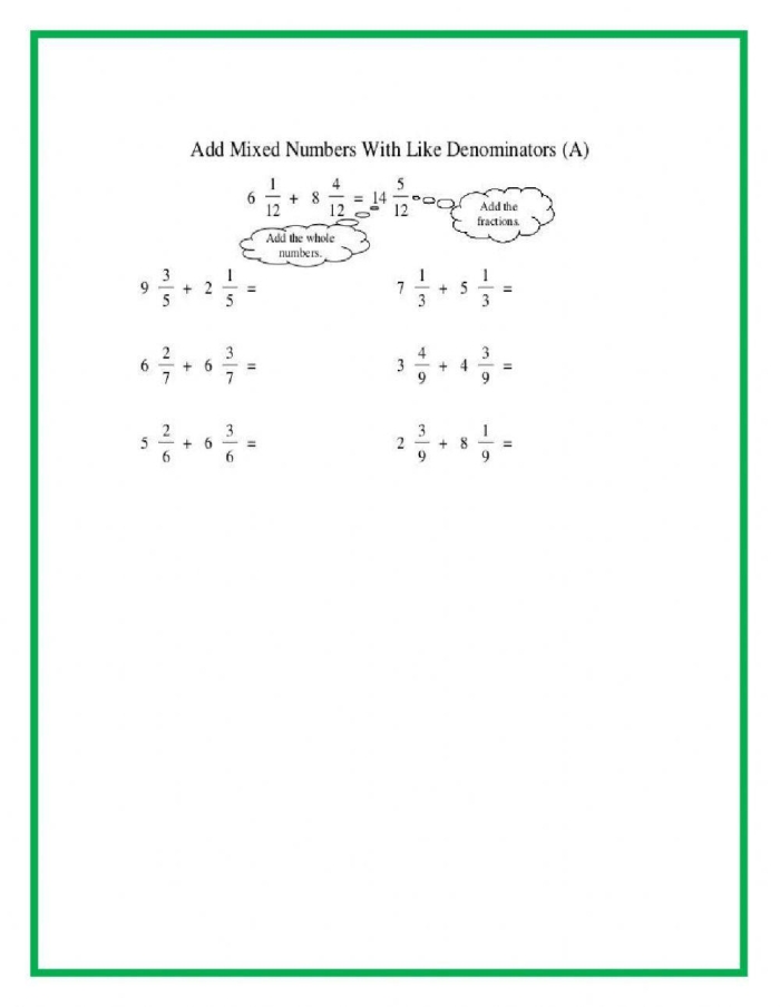 Fifth grade student completing a worksheet on adding mixed fractions with unlike denominators