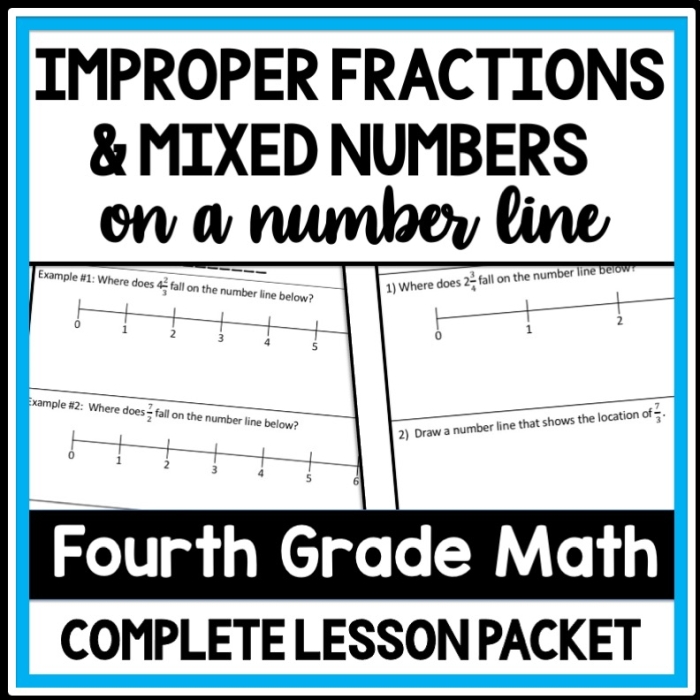 Worksheet demonstrating how to add mixed numbers and improper fractions on a number line