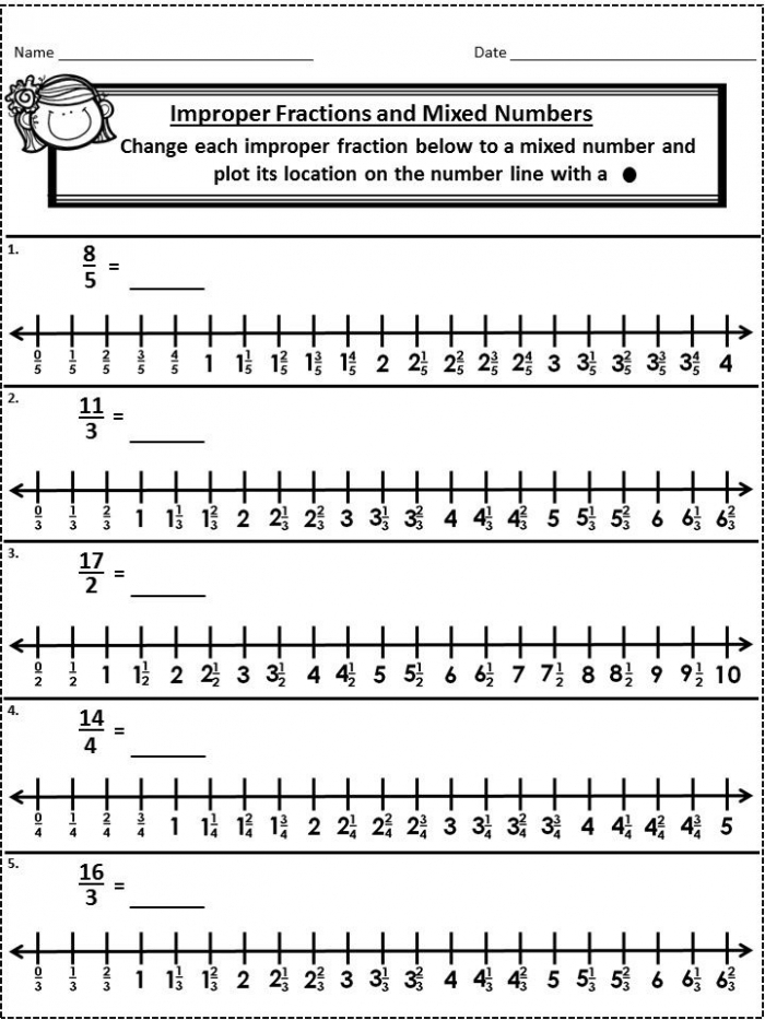 Worksheet illustrating how to add mixed numbers and improper fractions on a number line