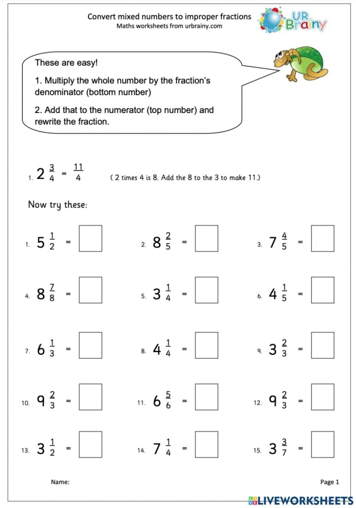 Worksheet illustrating how to add mixed numbers and improper fractions on a number line