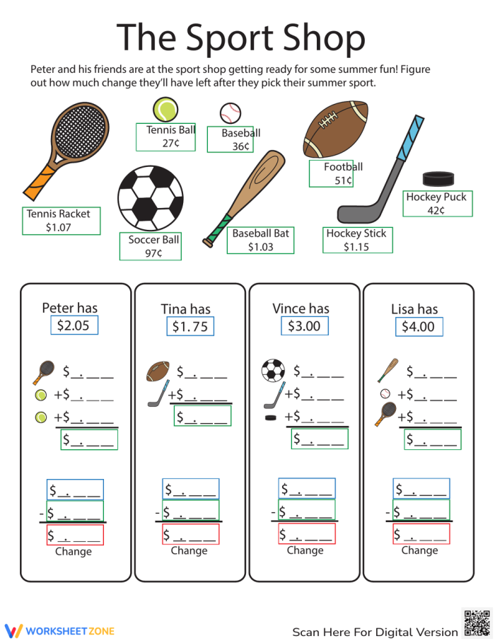 Make Change Sport Shop Math Worksheet for Young Athletes Learning Addition Second grade students practice adding money amounts and making change at a sport shop with coins and dollar bills