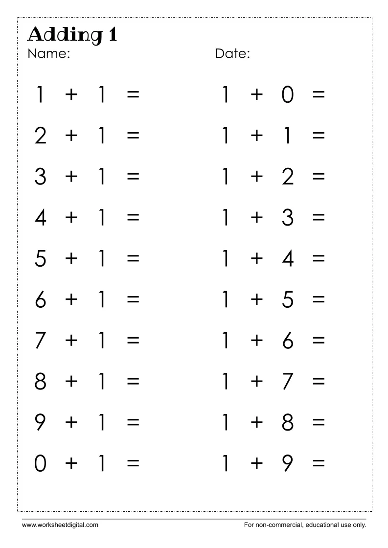 First grade math worksheet focusing on adding one to numbers up to ten