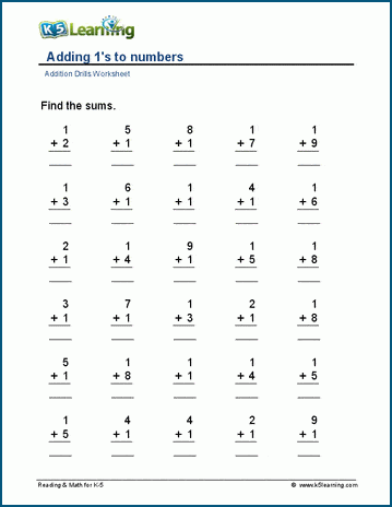 First grade math worksheet showing addition problems with one added to numbers up to ten