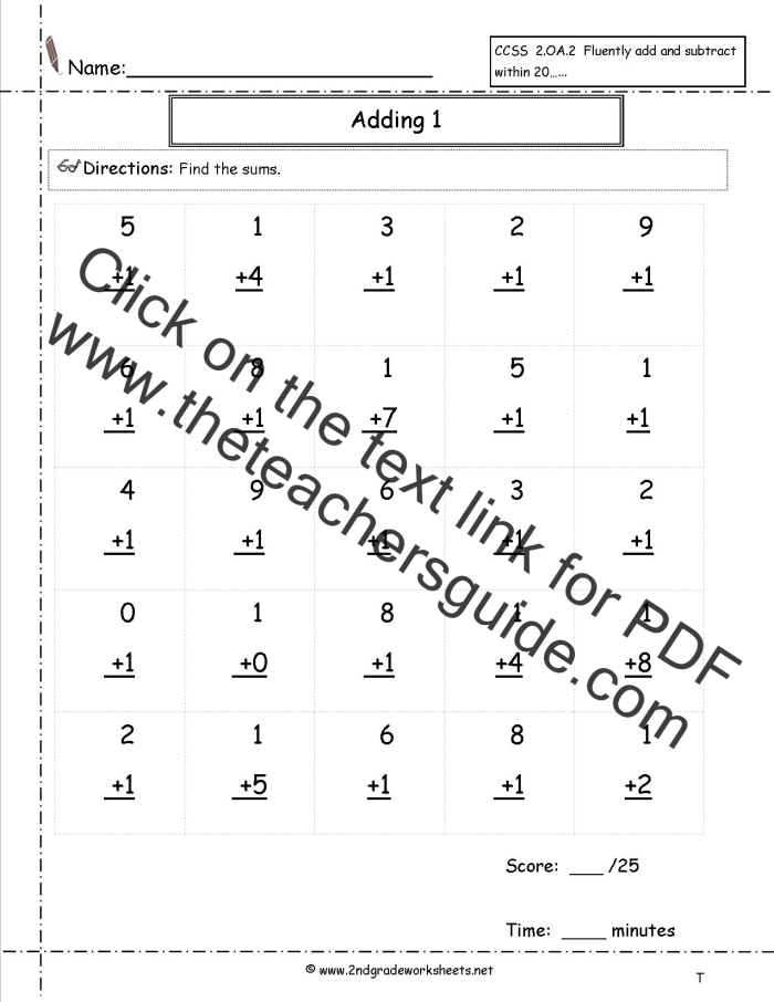 First grade math worksheet focusing on adding one to numbers up to ten