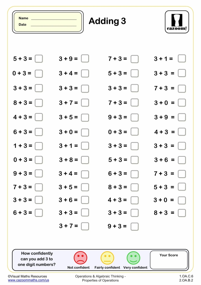 First grade math worksheet for practicing addition by adding one to numbers up to ten