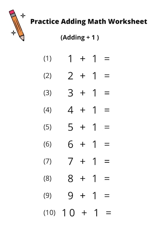 First grade math worksheet featuring addition problems for adding one to numbers up to ten
