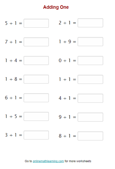 First grade math worksheet for practicing addition by adding one to numbers up to ten