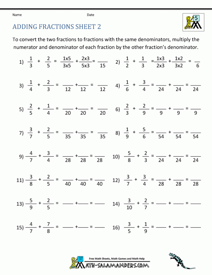 Adding and Subtracting Positive and Negative Fractions Worksheet Five Seventh grade math worksheet featuring problems on adding and subtracting positive and negative fractions