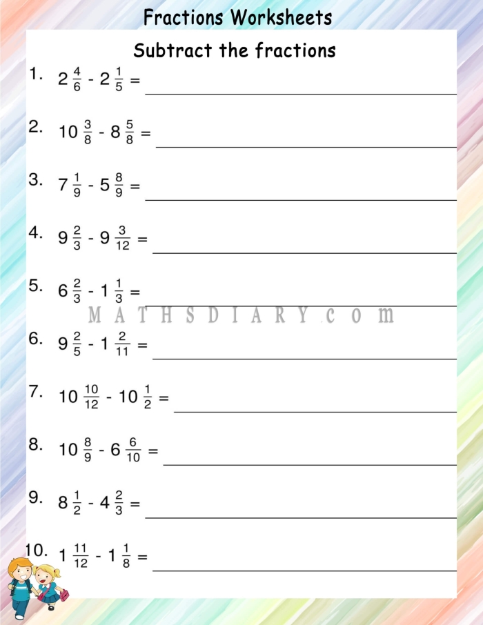 Worksheet for practicing adding and subtracting fractions with different denominators for fifth graders