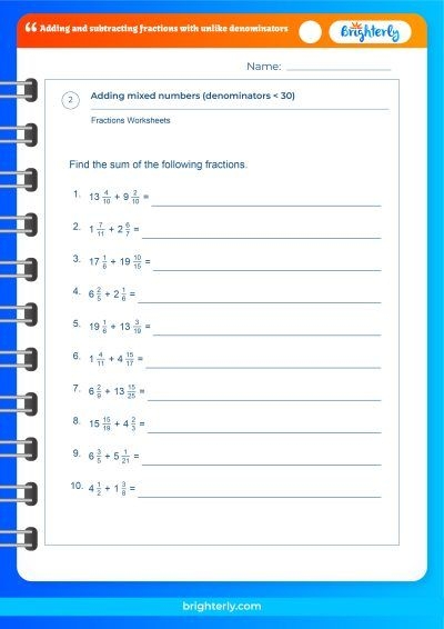 Fifth grade worksheet featuring addition and subtraction problems for fractions with unlike denominators number 22