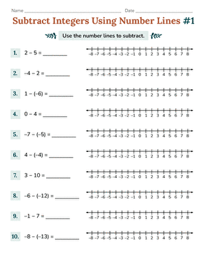 Seventh grade math worksheet featuring practice problems for adding and subtracting integers