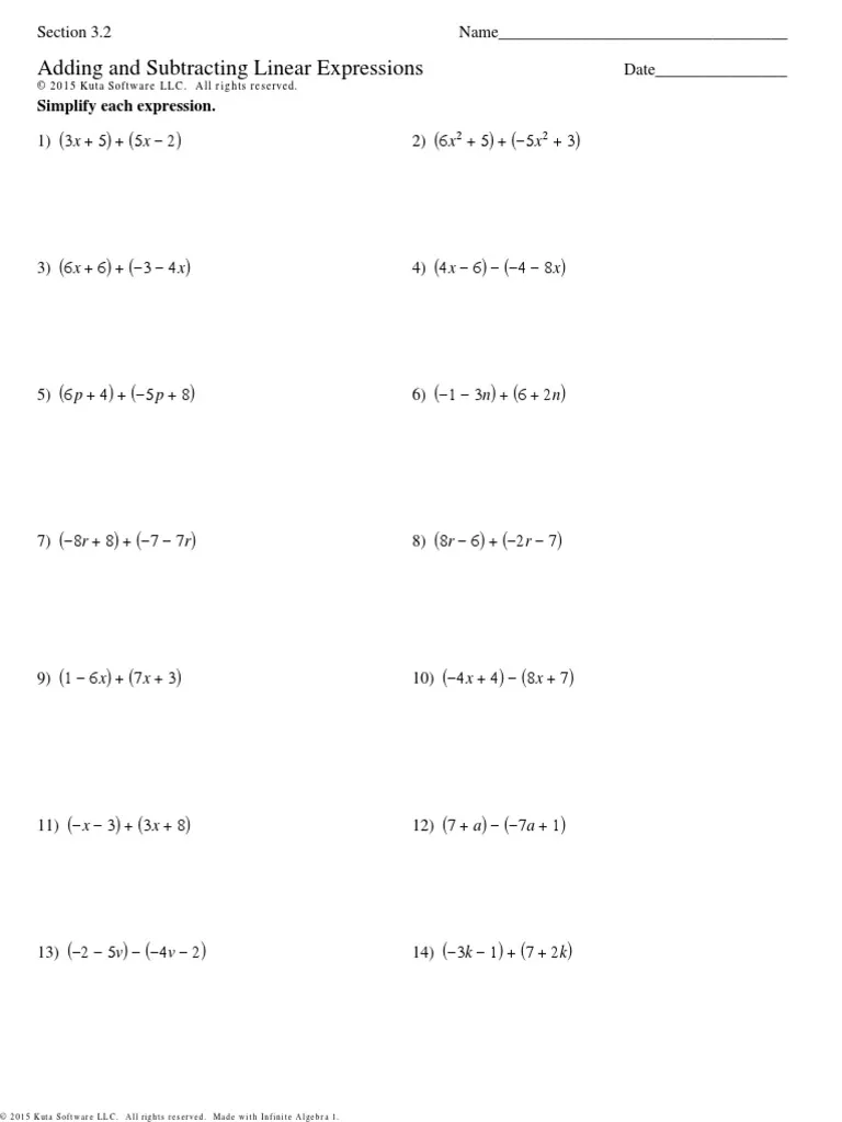 Worksheet for mastering the addition and subtraction of linear expressions in seventh grade math