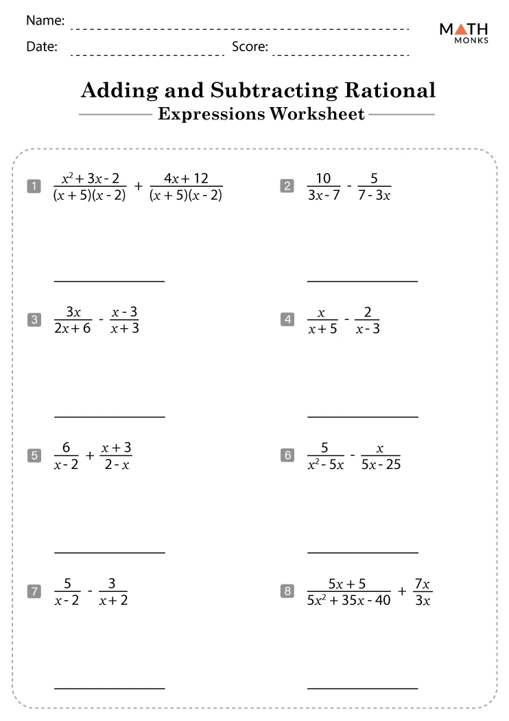 Worksheet featuring practice problems for adding and subtracting linear expressions for seventh graders
