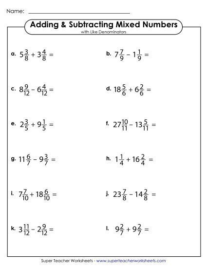 Worksheet for practicing adding and subtracting mixed numbers for fifth graders