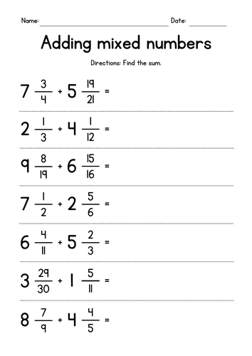 Worksheet for adding and subtracting mixed numbers designed for fifth graders