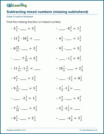 Worksheet for adding and subtracting mixed numbers with step-by-step examples