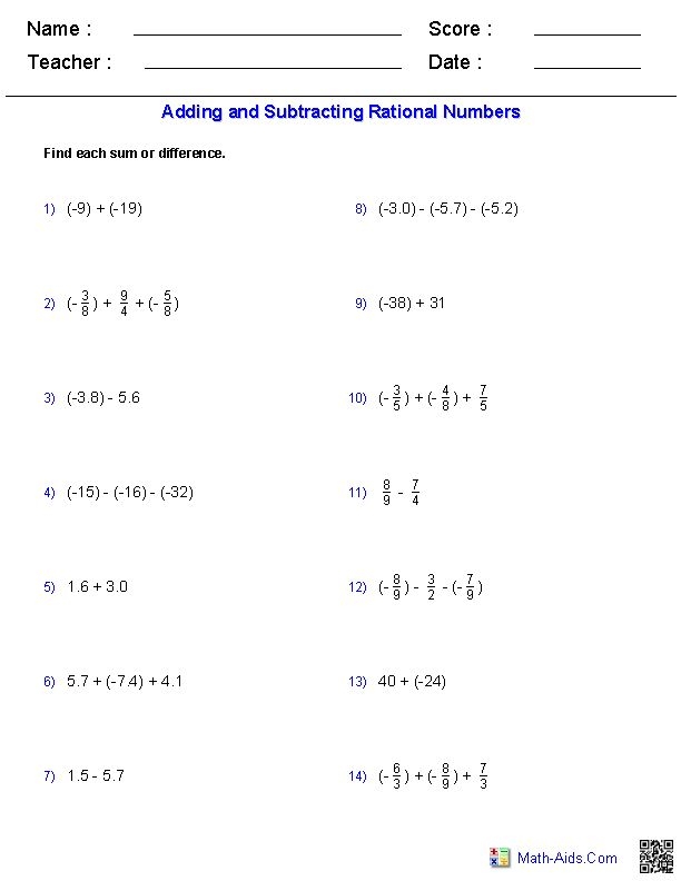 Worksheet for practicing addition and subtraction of rational numbers including fractions and decimals
