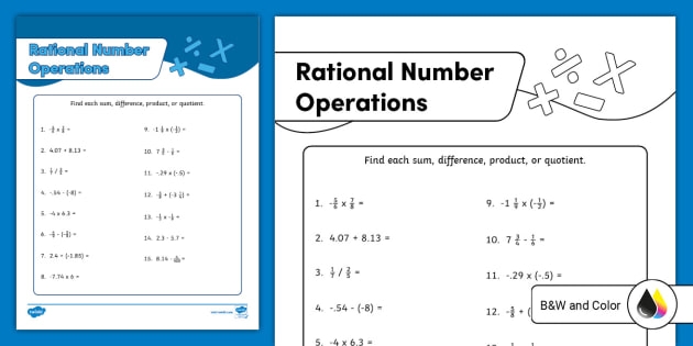 Worksheet featuring exercises on adding and subtracting rational numbers for seventh graders