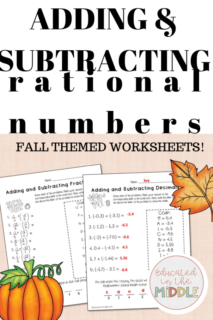 Worksheet for adding and subtracting rational numbers, featuring fractions and decimals for seventh graders