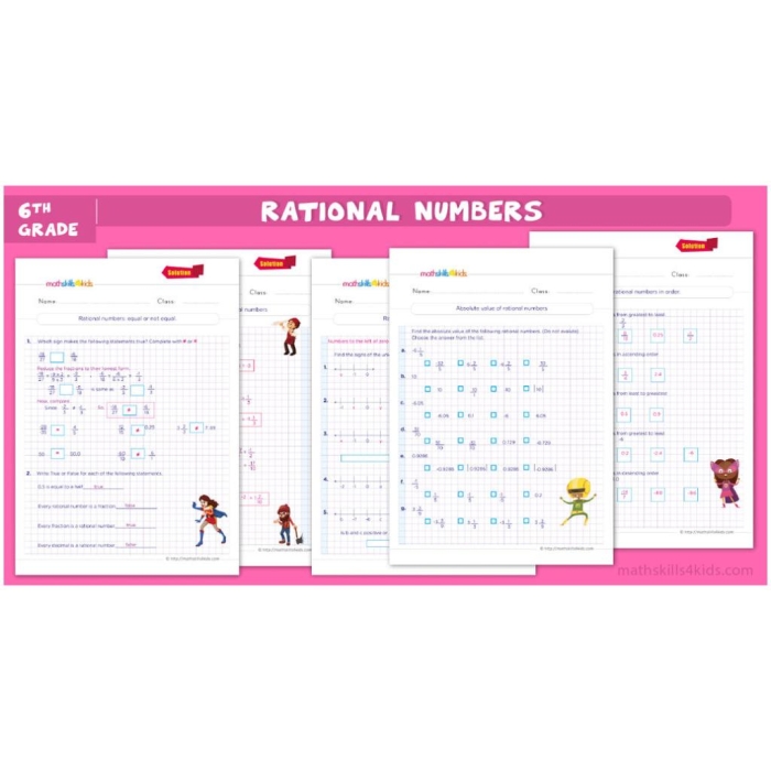 Worksheet for practicing the addition and subtraction of rational numbers for seventh graders
