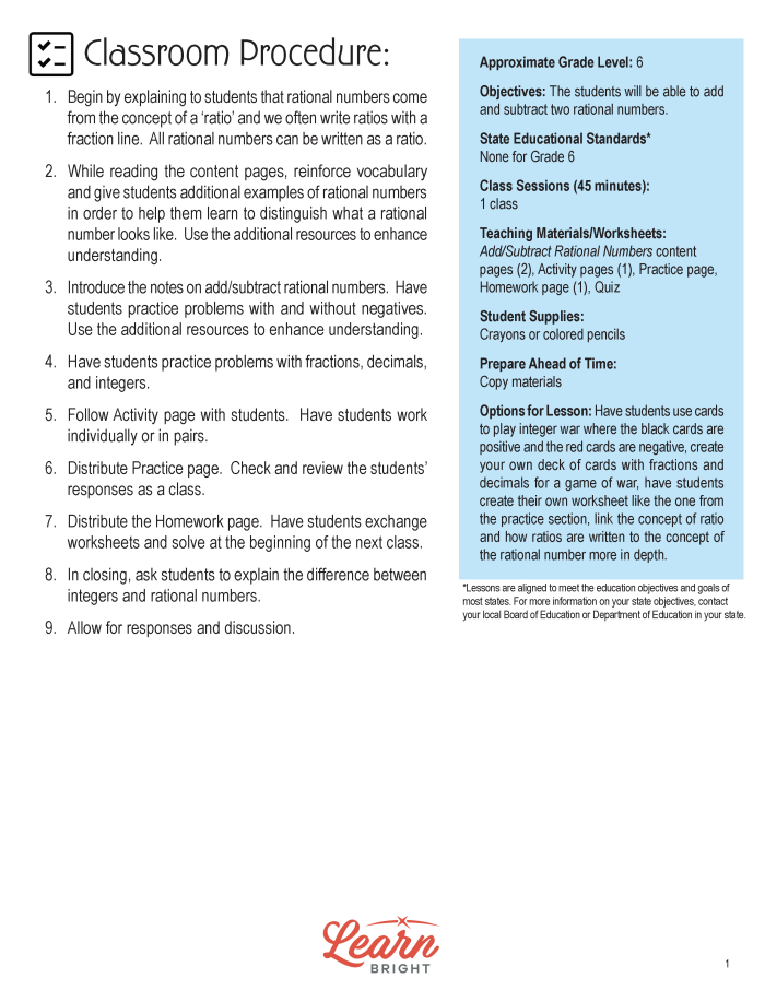 Worksheet for practicing the addition and subtraction of rational numbers, featuring fractions, decimals, and mixed numbers
