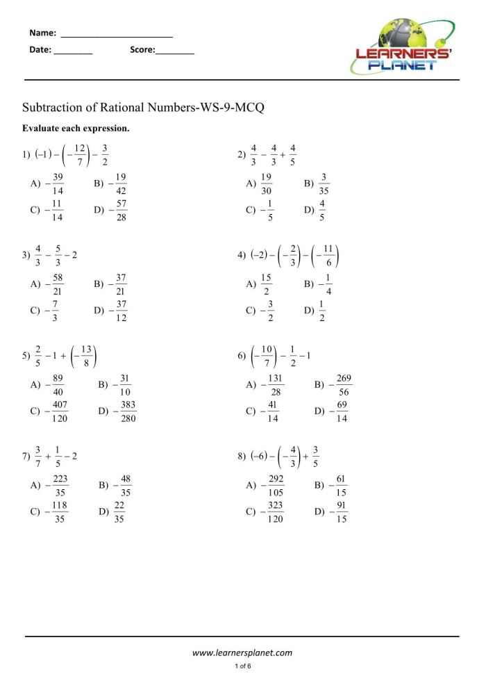 Worksheet for practicing the addition and subtraction of rational numbers for seventh graders
