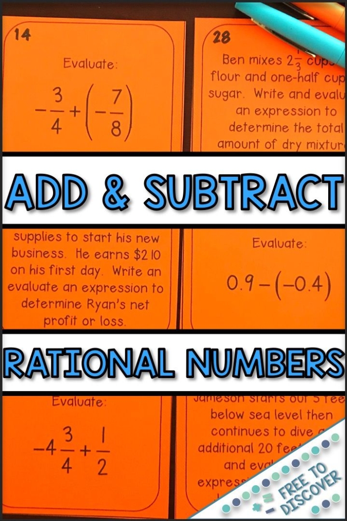 Worksheet for practicing the addition and subtraction of rational numbers with fractions and decimals