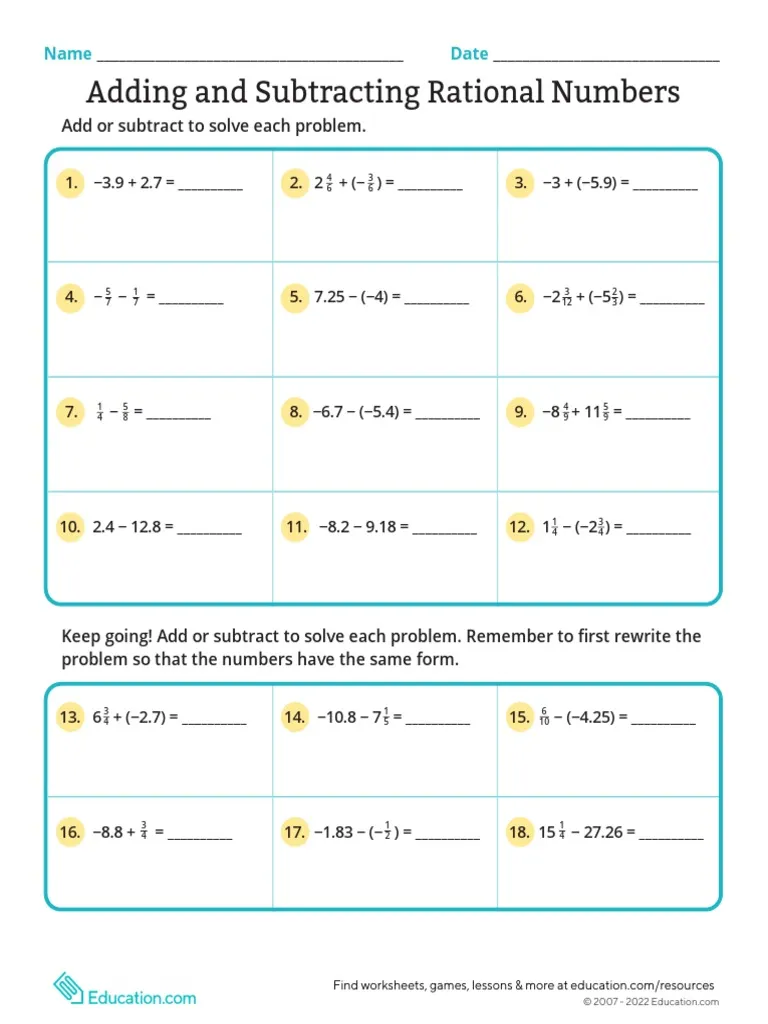 Worksheet for adding and subtracting rational numbers, featuring fractions and decimals for seventh graders