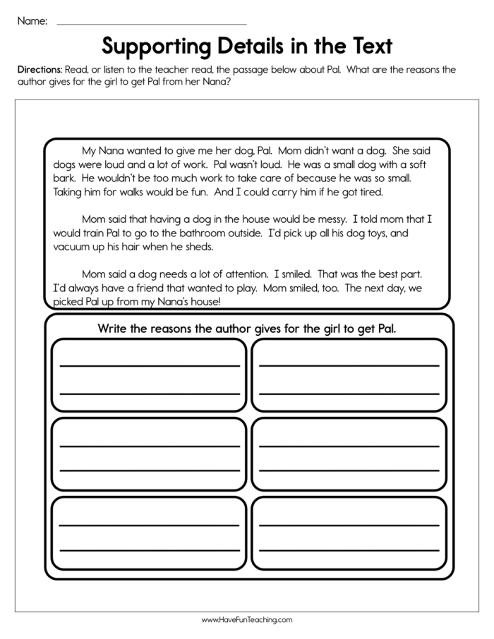 Worksheet for identifying supporting details related to main ideas for third graders