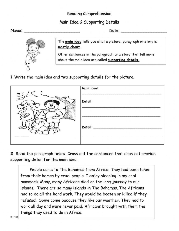 Worksheet showcasing the process of adding relevant supporting details for main ideas in third grade vocabulary. Illustration for the Adding Relevant Supporting Details worksheet for third graders.