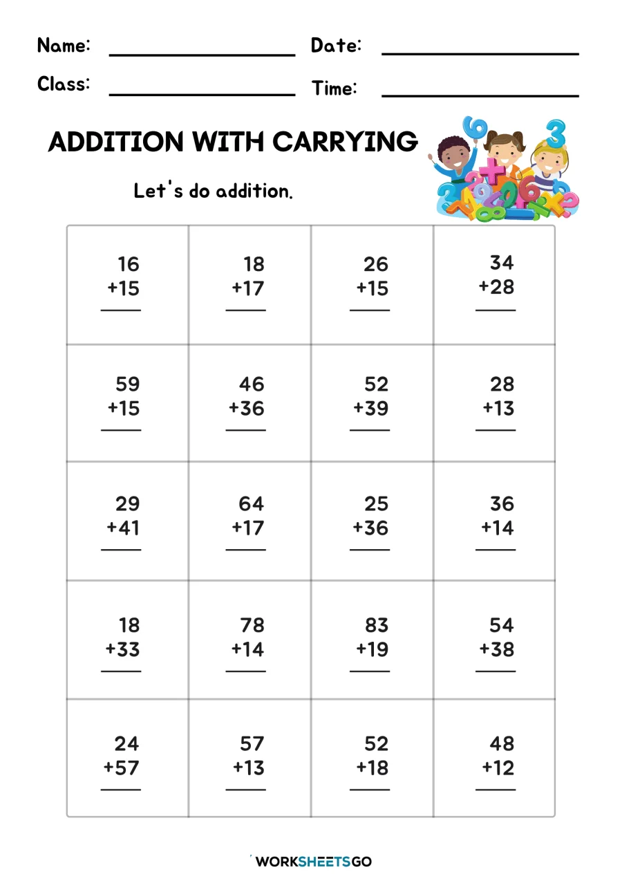 First grade math worksheet featuring practice problems for adding three numbers together