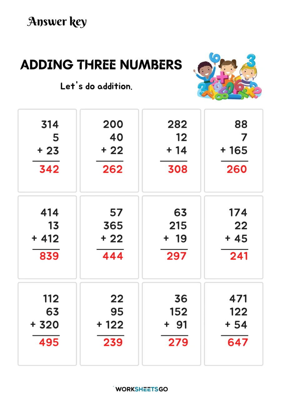 First grade student working on an Add All Three: Adding Three Numbers math worksheet