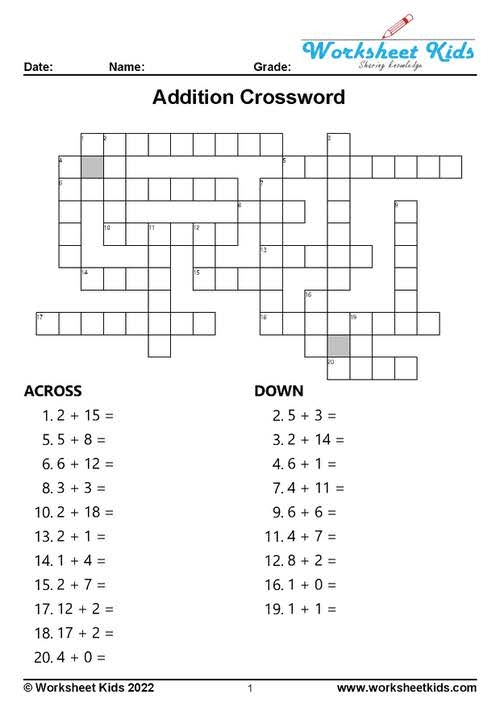 Addition crossword worksheet featuring 2-digit math problems for second graders