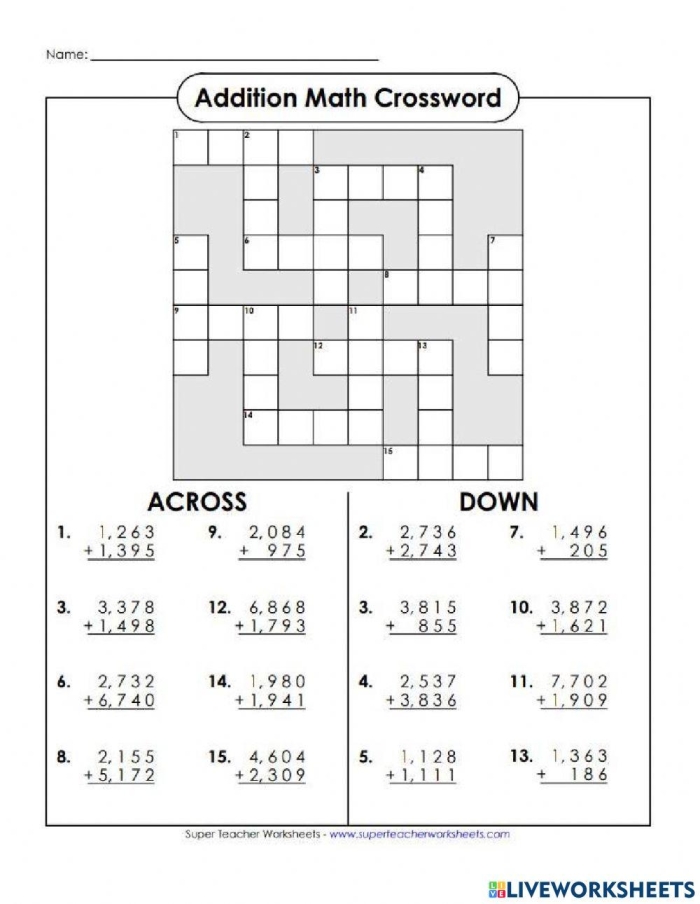 Addition crossword worksheet for practicing 2-digit addition with fractions for second graders
