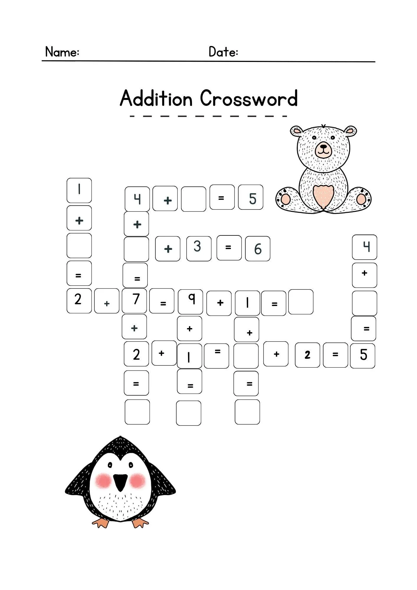 Addition crossword worksheet designed for second graders focusing on 2-digit addition practice. Fun and engaging way to review addition skills for young learners.