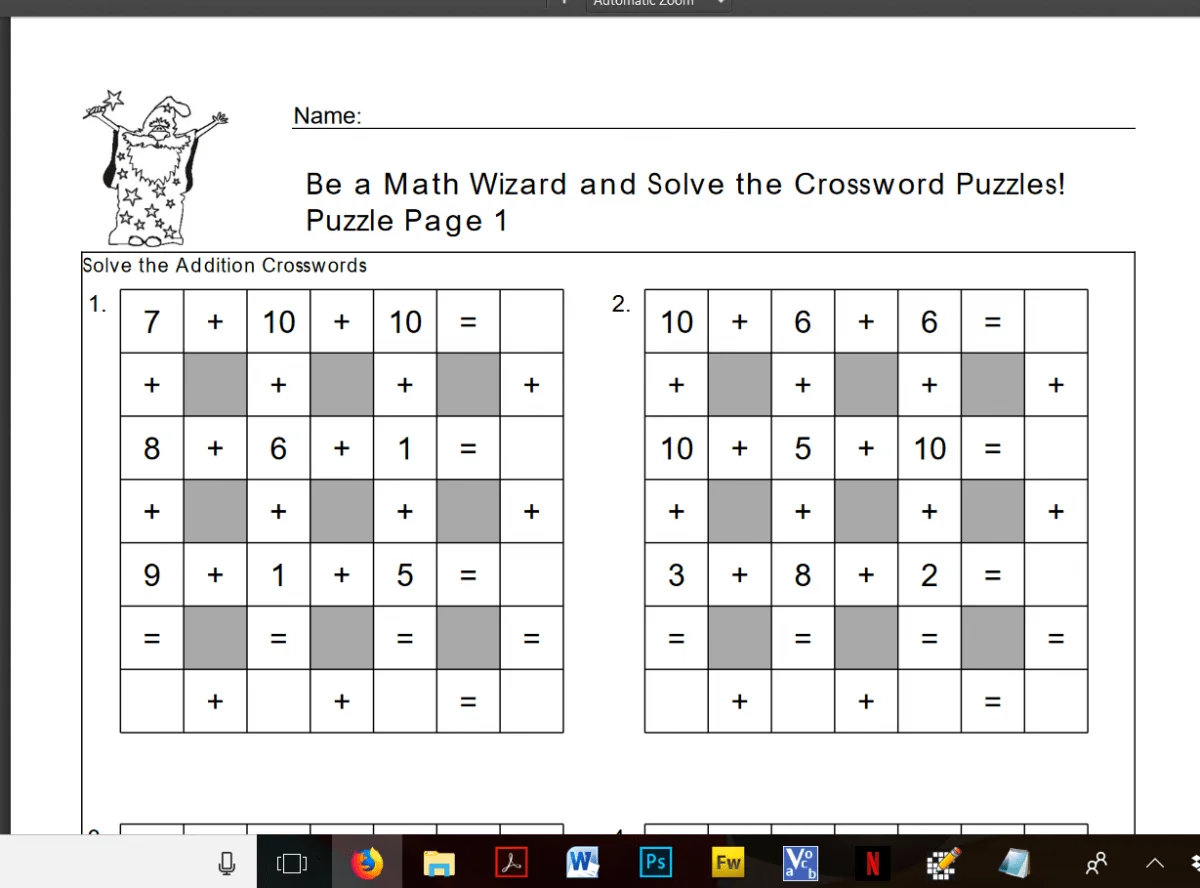 2-digit addition crossword worksheet designed for second graders focusing on fractions