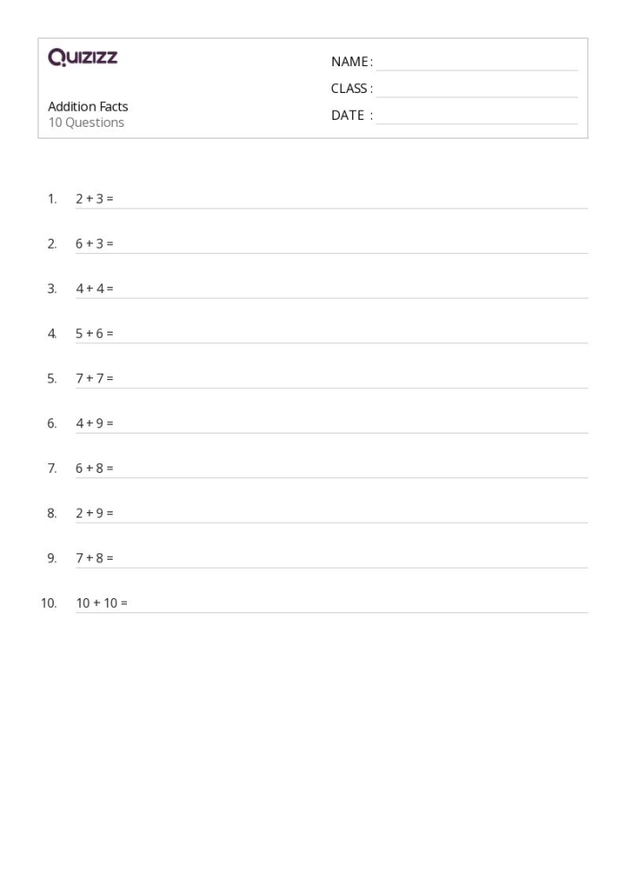 First grade addition facts worksheet showing equations with missing numbers that sum to ten