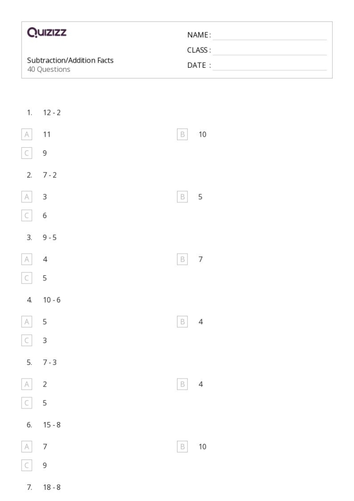 First grade addition facts worksheet showing equations with missing numbers that sum to ten