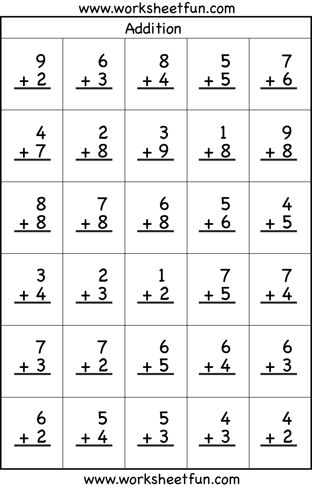 First grade math worksheet showing addition facts that sum to ten with missing numbers to solve