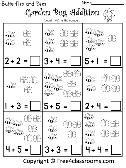 Addition Garden Math Worksheet for Kindergarten Number 22 Kindergarten students practice addition with this garden-themed math worksheet number 22