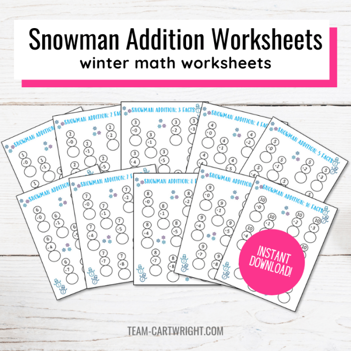 Decimals worksheet for First Grade First-grade students working on single-digit addition problems in a winter-themed worksheet featuring snowflakes and snowy graphics. Addition in the Snow worksheet for first graders focusing on decimals, with sums up to 9.