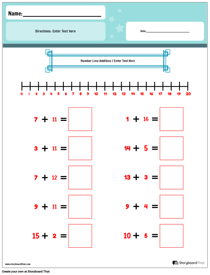 First grade student practicing addition using a number line worksheet 22