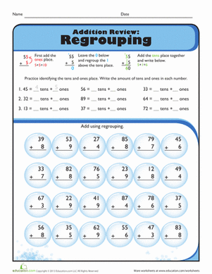 Review Addition with Regrouping Worksheet 12 for Elementary Math Practice Third grade addition with regrouping practice problems for carrying and column addition review