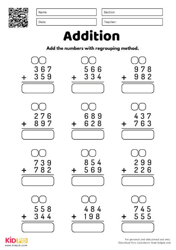 Review Addition with Regrouping Worksheet Number 17 Third grade student completing a math worksheet focused on addition problems with regrouping